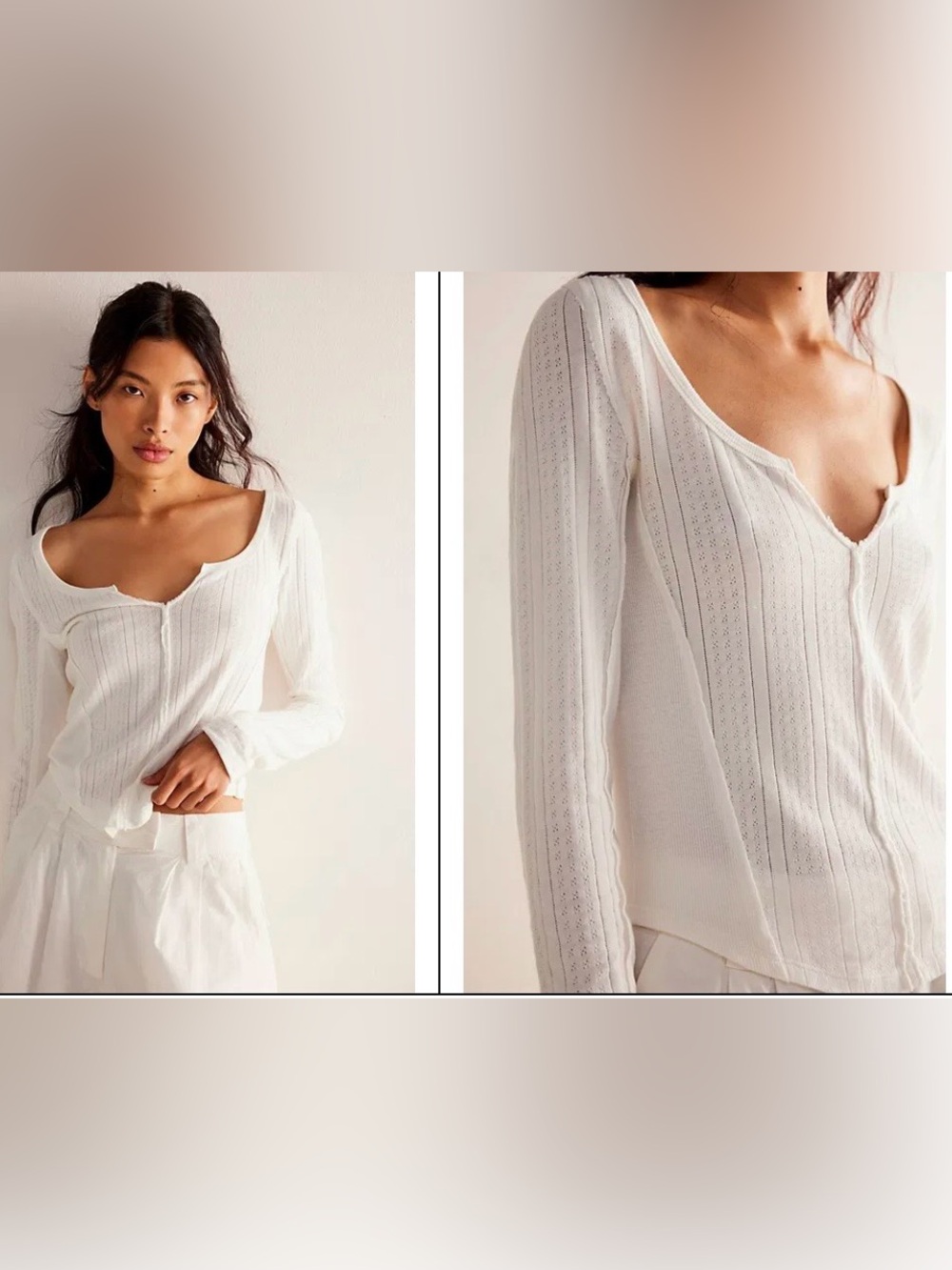 We The Free Ivory Ribbed Scoop Henley Long-Sleeve Top size medium